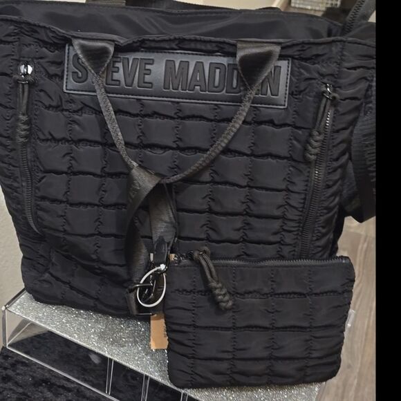 Steve Madden Quilted Convertible Backpack to Tote Bag- Black main image 5